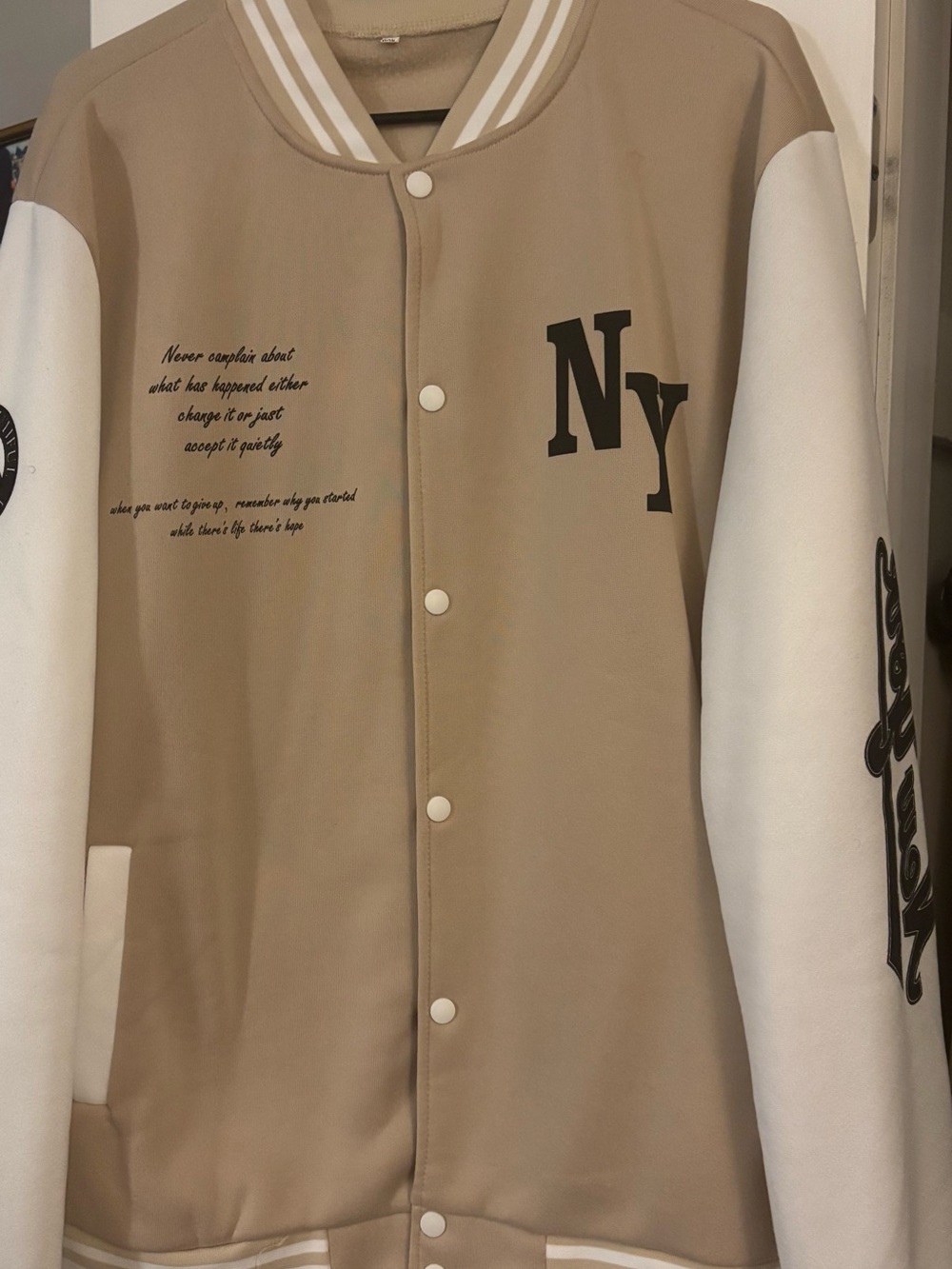 Beige and White Varsity Bomber Jacket with NY Patch